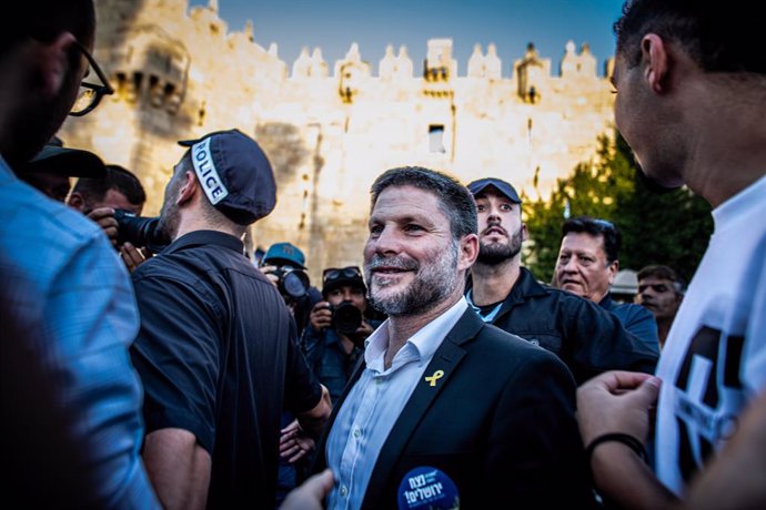 June 5, 2024, Jerusalem, Israel: Israeli Minister of Finance Bezalel Smotrich smiles outside Damascus gate in Jerusalem. Tens of thousands of young religious Ultra nationalists Zionist men and women have paraded through Muslim parts of the Old City of Jer