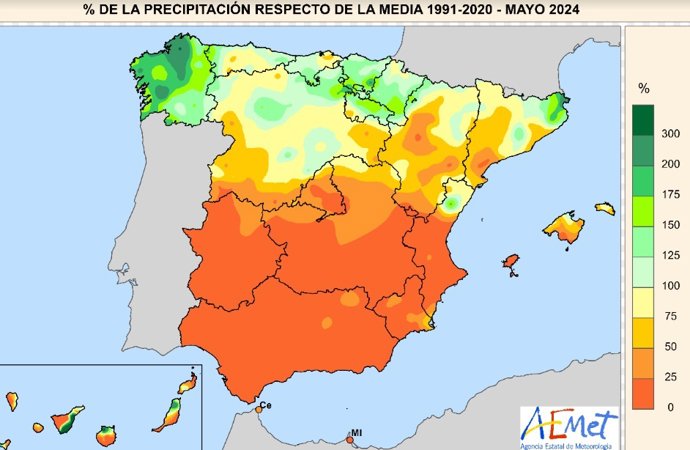 Mayo de 2024 fue el octavo mayo más seco del siglo XXI y las lluvias en la Península llegaron a un 66% de lo habitual.