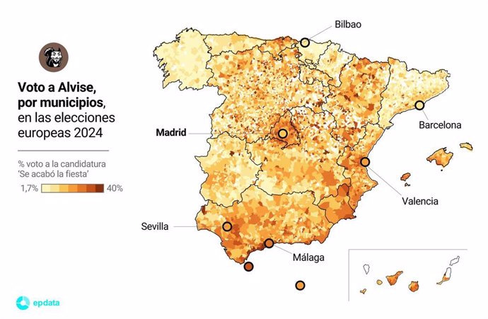 Porcentaje de voto a la formación de 'Se acabó la fiesta' de 'Alvise en las elecciones europeas 2024