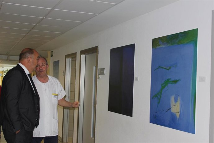 El presidente del Consorcio Museo Esteban Vicente, Miguel Ángel de Vicente, y el gerente de Asistencia Sanitaria, Luis Gómez de Montes, Contemplan en el Hospital unas obras de la colección 'azul'.