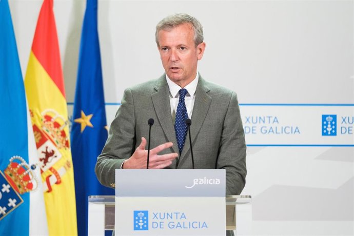 El presidente de la Xunta, Alfonso Rueda, en la comparecencia a la reunión de la Xunta.