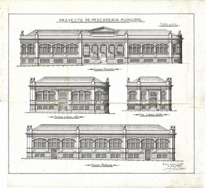 Plano de la Pescadería Municipal de Gijón, pertenciente a la exposición 'Arquitectura, ciudad e identidad: Miguel García de la Cruz y Manuel del Busto.Gijón/Xixón, 1902-1948', que puede verse en el museo gijonés Casa Natal de Jovellanos.