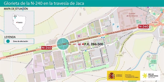 Obras en la travesía de la N-240 en Jaca (Huesca).