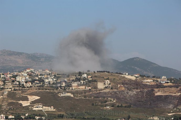 BEIRUT, June 9, 2024  -- This photo shows smoke caused by an Israeli airstrike in Aitaroun, Lebanon, on June 8, 2024. Four people, including two Hezbollah members, were killed, and five others were injured on Saturday in Israeli airstrikes on villages in 