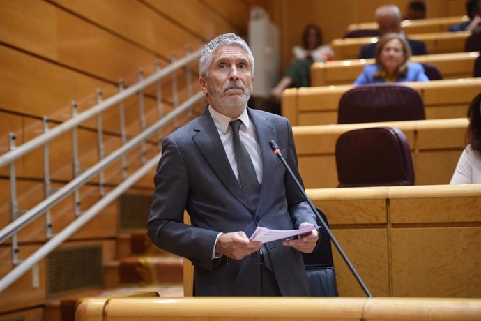 El ministro del Interior, Fernando Grande-Marlaska, durante una sesión de control al Gobierno, en el Senado, a 4 de junio de 2024, en Madrid (España). 