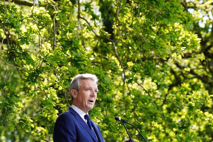 Archivo - El presidente de la Xunta de Galicia, Alfonso Rueda, interviene durante el acto de su toma de posesión, en el parque de San Domingos de Bonaval, a 13 de abril de 2024, en Santiago de Compostela, A Coruña, Galicia (España).