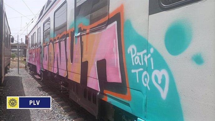 Grafitis realizados por dos jóvenes en un vagón de tren