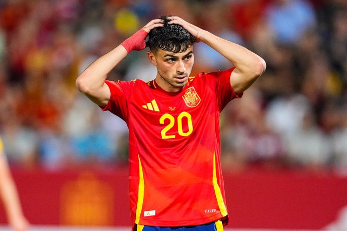 Pedri Gonzalez of Spain laments during International Friendly football match played between Spain and Andorra at Nuevo Viveros stadium on June 5, 2024, in Badajoz, Spain.
