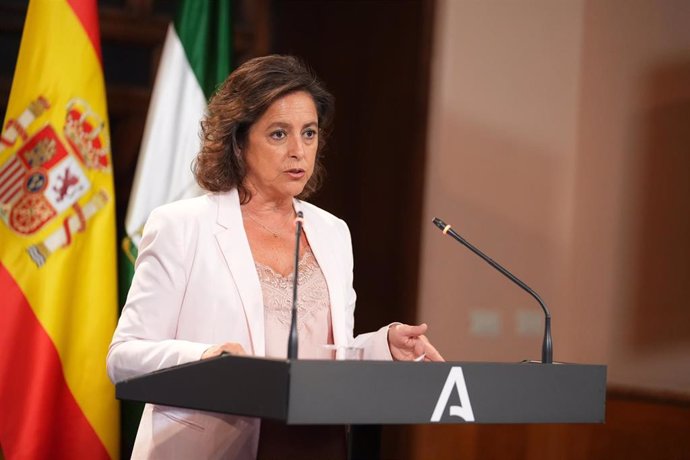 La consejera de Salud y Consumo Catalina García Carrasco  durante la rueda de prensa, a 11 de junio  de 2024, en Sevilla (Andalucía, España). 
