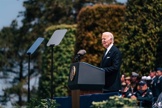 06 June 2024, France, Colleville-Sur-Mer: In this picture provided by the US Army, US President Joe Biden gives a speech at the commemoration ceremony for the 80th anniversary of D-Day.