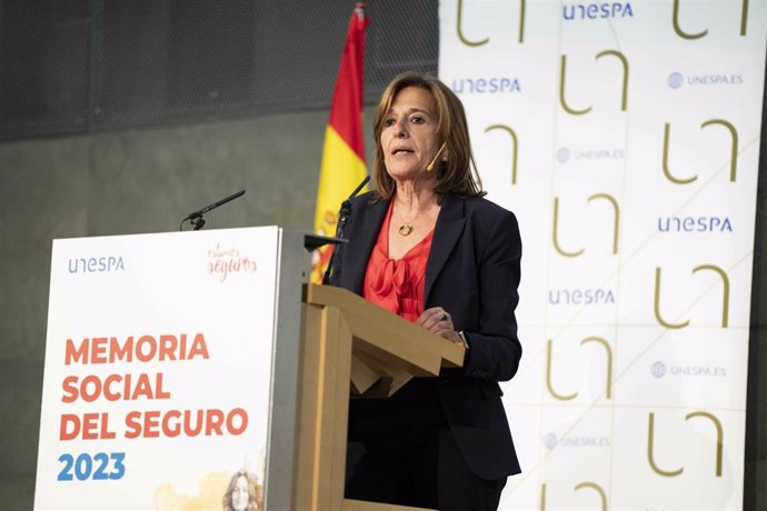 La presidenta de Unespa, Mirenchu del Valle, en la presentación de la Memoria Social del Seguro 2023, a 11 de junio de 2024 en Madrid.