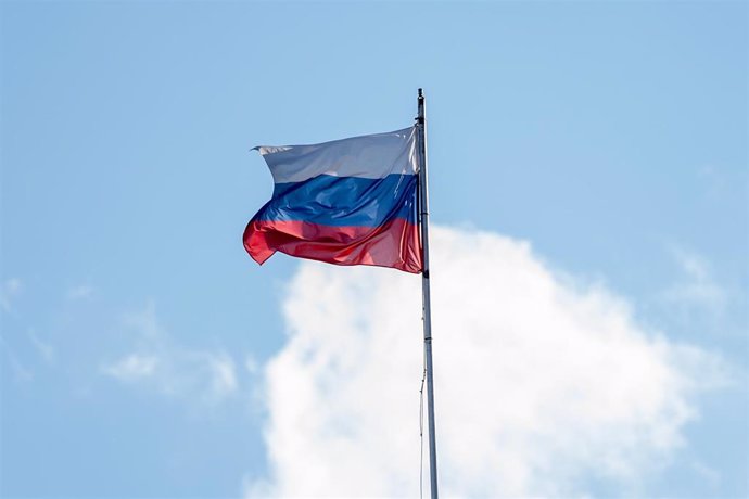 June 6, 2024, Warsaw, Poland: The Russian flag flies on the roof of the embassy during the rally. Pro-Ukrainian activists organized a protest on the 1st anniversary of Russia's bombing of the Kakhovka dam. As a result of Russian violence, which the Europe