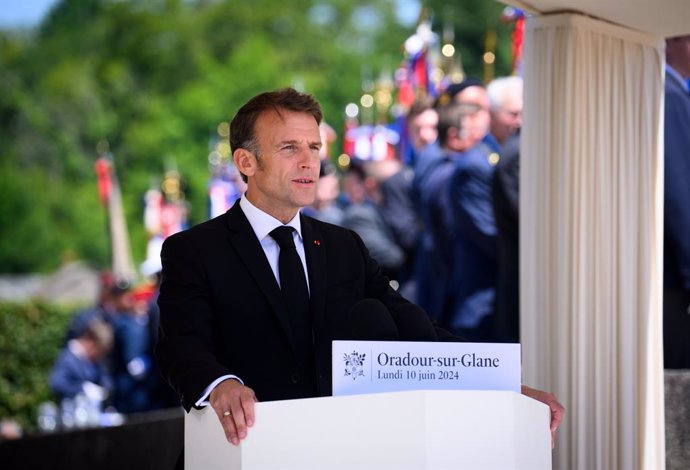 10 June 2024, France, Oradour-Sur-Glane: French President Emmanuel Macron speaks after visiting the martyred village of Oradour-sur-Glane. French President Emmanuel Macron and German President Frank-Walter Steinmeier commemorate the victims of the SS mass