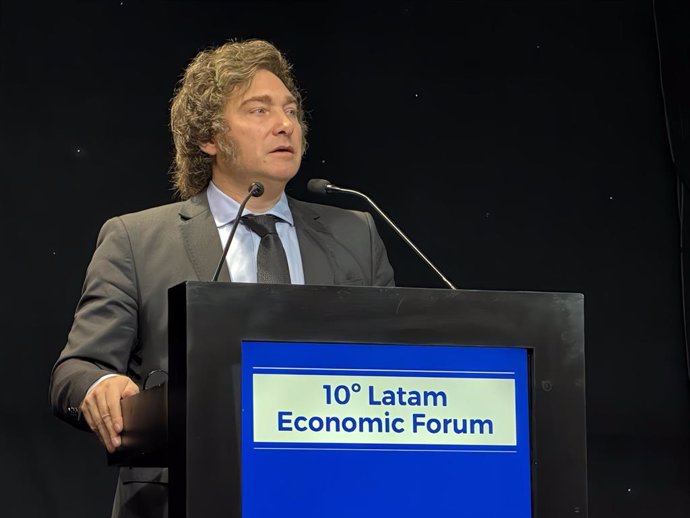 FILED - 05 June 2024, Argentina, Buenos Aires: Javier Milei, president of Argentina, speaks at the Latam Economic Forum. Milei will meet German Chancellor Olaf Scholz during a visit to Germany in two and a half weeks, media reports said on 06 June. 