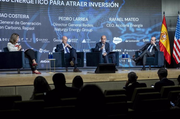 (I-D) La presidenta de OMIE, Carmen Becerril; el director general de Generación Baja en Carbono de Repsol, Joao Costeira; el director general de Redes de Naturgy Energy Group, Pedro Larrea, y el CEO de Acciona Energía, Rafael Mateo, intervienen en el Encu