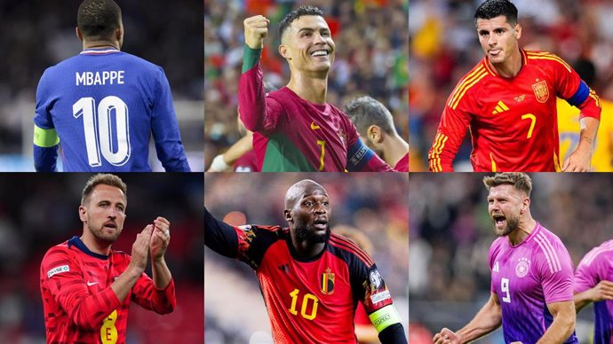 Los delanteros Kylian Mbappé (Francia), Cristiano Ronaldo (Portugal), Álvaro Morata (España), Harry Kane (Inglaterra), Romelu Lukaku (Bélgica) y Niclas Füllkrug (Alemania).