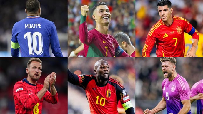 Los delanteros Kylian Mbappé (Francia), Cristiano Ronaldo (Portugal), Álvaro Morata (España), Harry Kane (Inglaterra), Romelu Lukaku (Bélgica) y Niclas Füllkrug (Alemania).