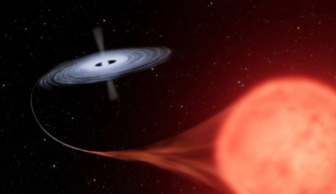 Esta concepción artística muestra el sistema nova HM Sagittae (HM Sge), donde una estrella enana blanca está extrayendo material de su compañera gigante roja.