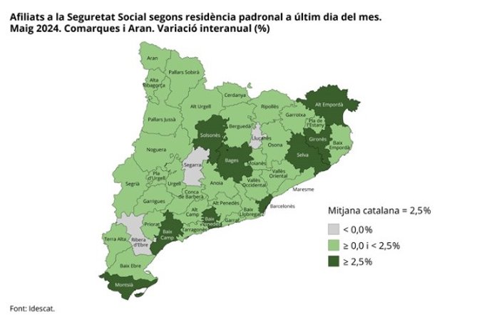 Variación del número de afiliados en las comarcas catalanas en mayo de 2024 respecto a 2023