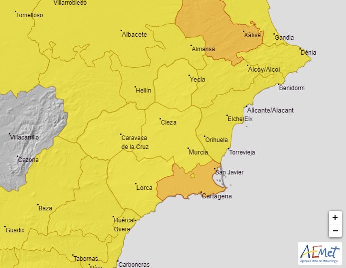Mapa que muestra los avisos meteorológicos activos en la Región