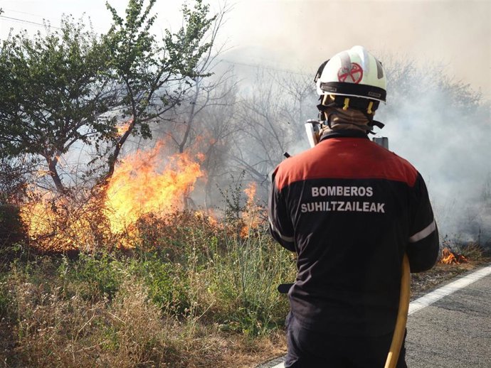 Archivo - Varios bomberos trabajan para extinguir un incendio en Artajona en agosto de 2023.