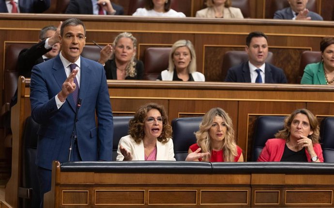 El presidente del Gobierno, Pedro Sánchez, interviene durante una sesión de control, en el Congreso de los Diputados, a 12 de junio de 2024, en Madrid (España). 