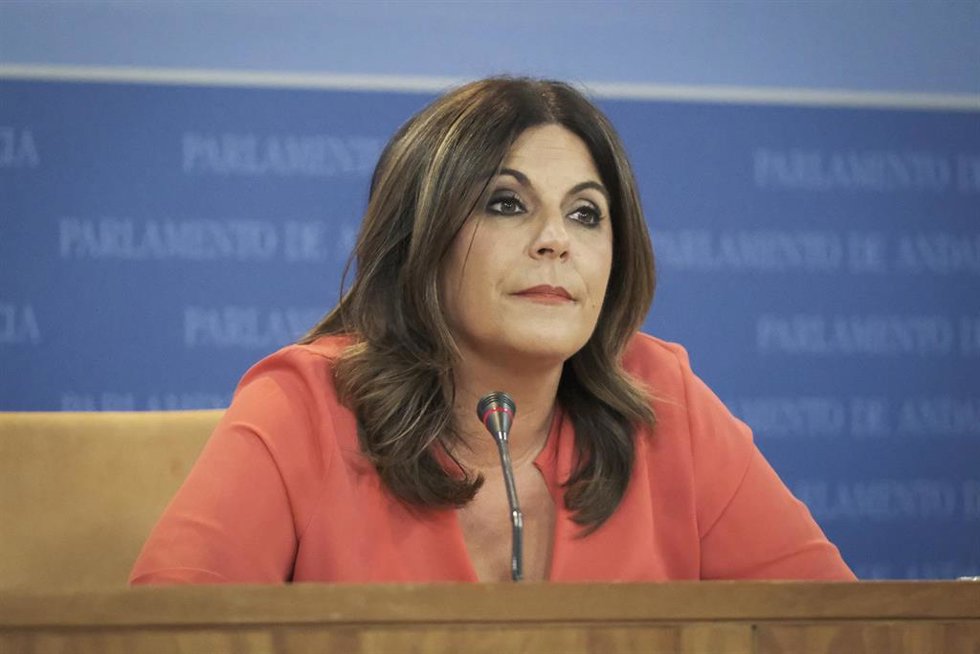 La portavoz del Grupo Socialista en el Parlamento andaluz, Ángeles Férriz, en rueda de prensa.