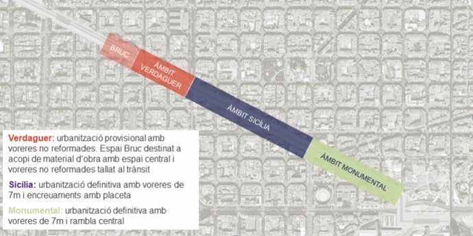 Mapa gráfico con los ámbitos de actuación en el primer tramo de unión del tranvía en la Diagonal de Barcelona.