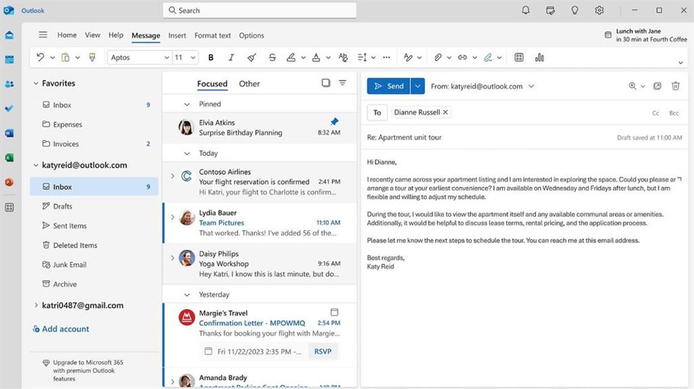 Interfaz del servicio de correo electrónico Microsoft Outlook
