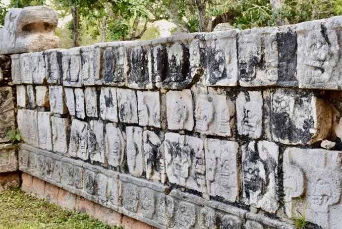 Porción de tzompantli o estante para cráneos de piedra reconstruido en Chichén Itzá.