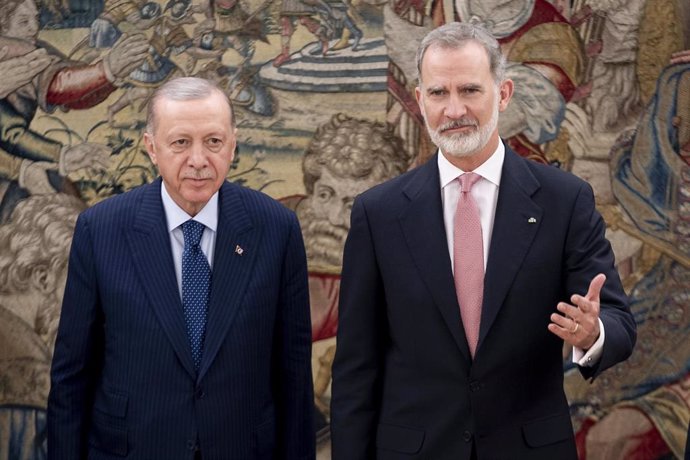 El Rey Felipe VI (d) mantiene un encuentro con el presidente de la República de Turquía, Recep Tayyip Erdogan (i), en el Palacio de la Zarzuela, a 12 de junio de 2024, en Madrid (España). 