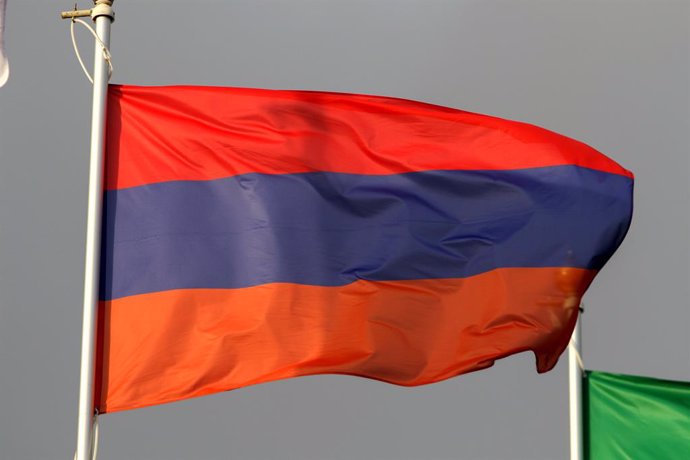 Archivo - November 2, 2023, Saint Petersburg, Russia: The national flag of the Republic of Armenia as a participating country at the 12th St. Petersburg International Gas Forum