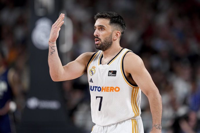 Facundo Campazzo of Real Madrid gestures during the Spanish League, Liga ACB Endesa Final 1, basketball match played between Real Madrid and UCAM Murcia at Wizink Center pavilion on June 08, 2024, in Madrid, Spain.