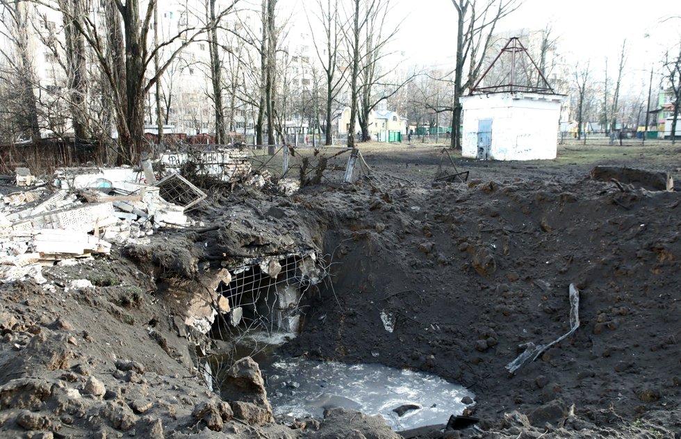 March 21, 2024, Kyiv, Ukraine: KYIV, UKRAINE - MARCH 21, 2024 - A shell crater formed at the site of the fall of fragments of a Russian rocket in Sviatoshynskyi district of Kyiv, capital of Ukraine.