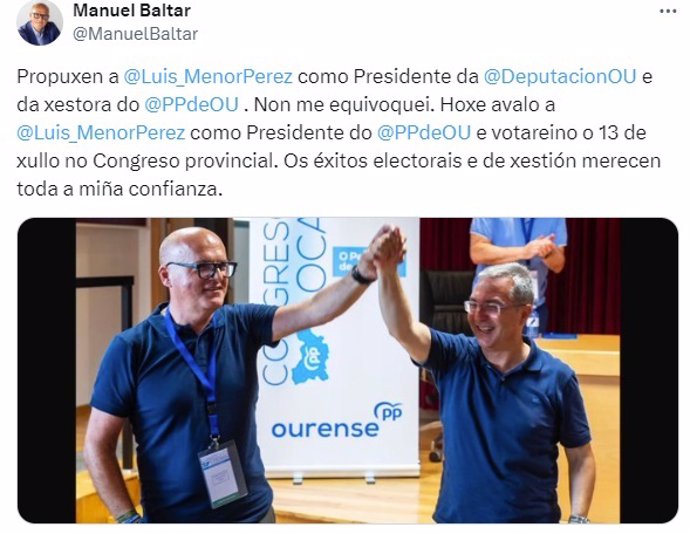 Mensaje publicado por el que fuera líder del PP de Ourense, José Manuel Baltar, en su perfil de la red social 'X'