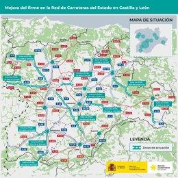 Mapa elaborado por el Ministerio de Transportes sobre las actuaciones de mejora previstas en las carreteras de CyL
