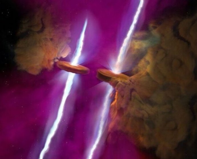 Ilustración de los chorros gemelosobservados en un par de estrellas jóvenes