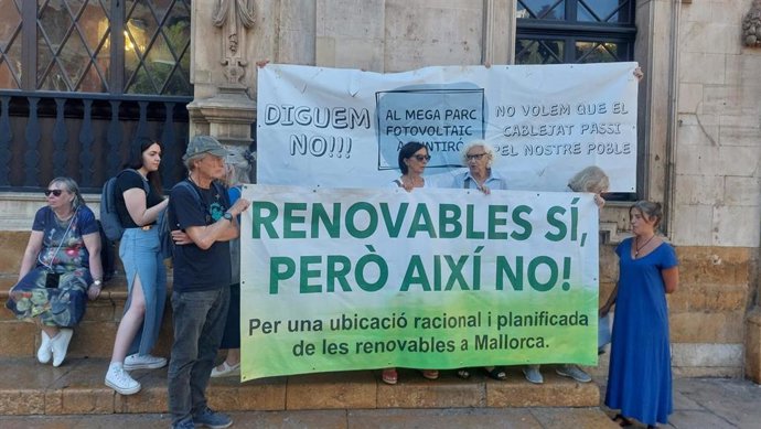 Miembros de la plataforma 'Renovables sí, però així no' se concentran frente al Ayuntamiento de Palma.
