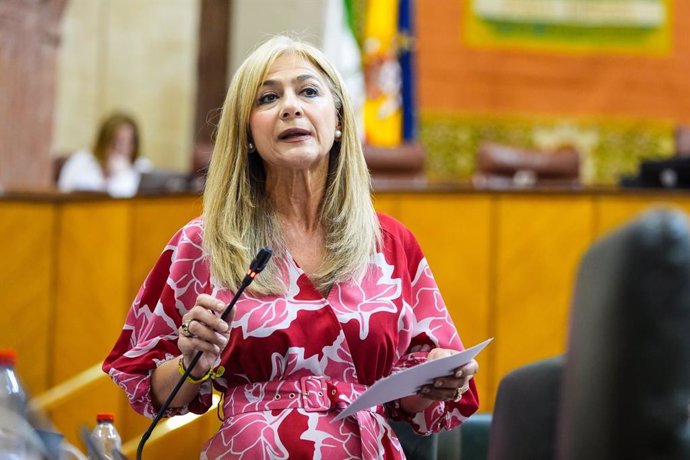 La consejera de Desarrollo Educativo y Formación Profesional, Patricia del Pozo, en el pleno del Parlamento andaluz.