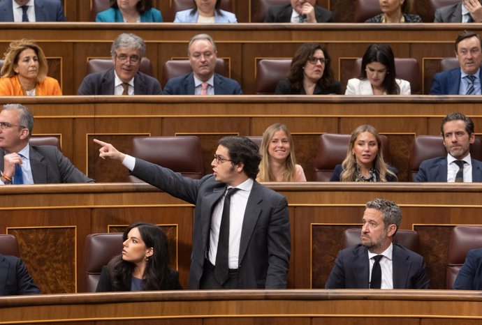 El diputado de VOX José María Figaredo iseñalando a diputados de Sumar en el debate de la amnistía 