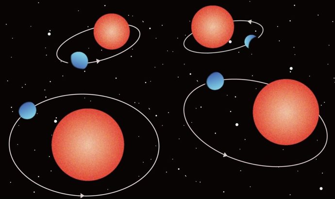 Diagrama de las órbitas de los exoplanetas descubiertos. Las órbitas de los exoplanetas cercanos a sus estrellas madre tienden a volverse circulares con el tiempo, pero tres de los exoplanetas recién descubiertos, excepto el de la parte inferior izquierda