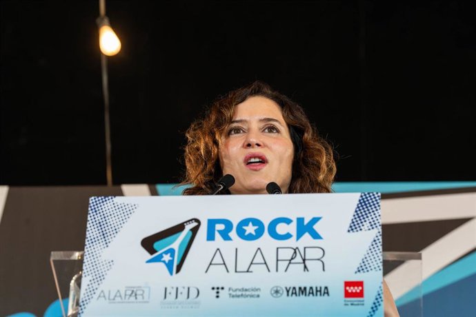 La presidenta de la Comunidad de Madrid, Isabel Díaz Ayuso, interviene durante la presentación del proyecto Rock A LA PAR, de la Fundación A LA PAR, a 14 de junio de 2024, en Madrid (España).