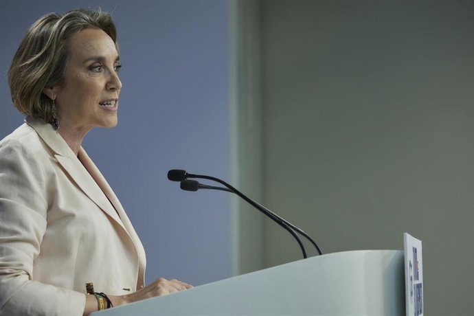 La secretaria general del PP, Cuca Gamarra, comparece durante seguimiento de la jornada electoral de elecciones europeas, en la sede del PP, a 9 de junio de 2024, en Madrid (España). Hoy tienen lugar las elecciones europeas de 2024 en España en las que se