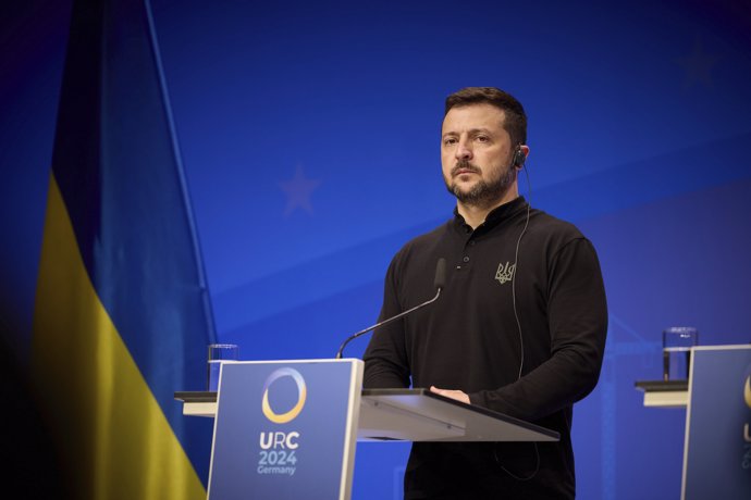 June 11, 2024, Berlin, Germany: Ukrainian President Volodymyr Zelenskyy listens to a question during a joint press conference hosted by German Chancellor Olaf Schotz, on the sidelines of the Ukraine Recovery Conference 2024, June 11, 2024, in Berlin, 