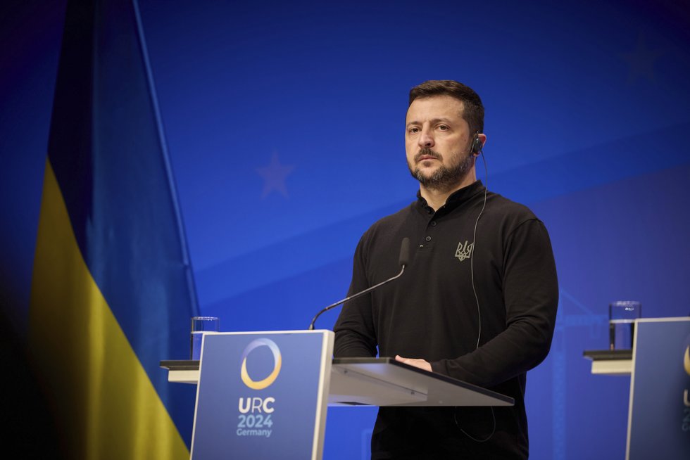 June 11, 2024, Berlin, Germany: Ukrainian President Volodymyr Zelenskyy listens to a question during a joint press conference hosted by German Chancellor Olaf Schotz, on the sidelines of the Ukraine Recovery Conference 2024, June 11, 2024, in Berlin,
