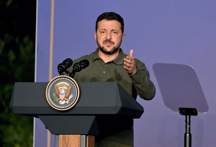 June 13, 2024, Fasano, ITALY: Ukrainian President Volodymyr Zelensky holds a join press conference with US President Joe Biden (not pictured) after the sign of a bilateral security agreement on the sidelines of the G7 summit in Savelletri (Brindisi), sout