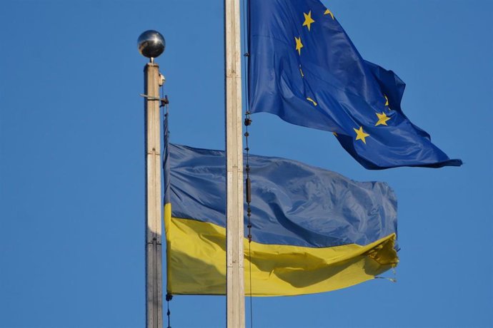 File - Archive image of flags of the European Union and Ukraine