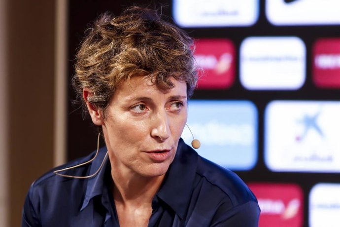 Elisa Aguilar, President of the FEB (Spanish Basketball Federation),attends the media during the announcement of the list of players called up for the preparation tour for the Olympic Games at Espacio Iberia on Jun 7, 2024, in Madrid, Spain.