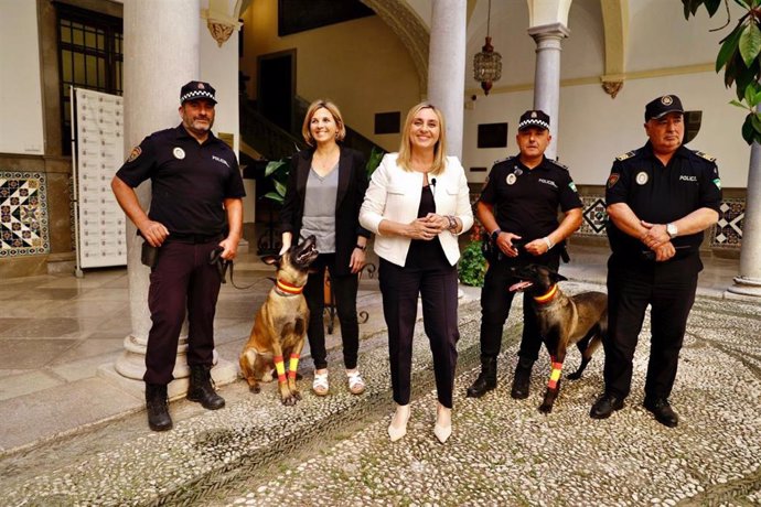 La alcaldesa de Granada, Marifrán Carazo, recibe a los dos policías locales ganadores del campeonato de España de adiestramiento canino Mondioring 2024.