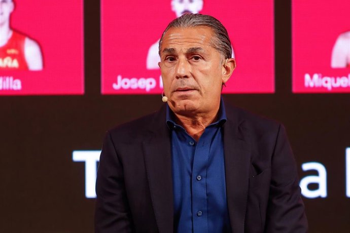 Sergio Scariolo attends the media during the announcement of the list of the Men's National Basketball Team that will go to the Olympic Games at Espacio Iberia on Jun 5, 2024, in Madrid, Spain.